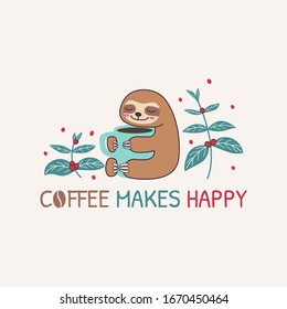 Cute Sloth Holding Cup Coffee With Floral