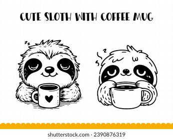 Cute sloth holding cup of coffee illustration isolated on white background. Vector.