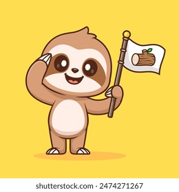 Cute Sloth Holding Flag And Respect Pose Cartoon Vector Icon Illustration. Animal Nature Icon Concept Isolated Premium Vector. Flat Cartoon Style