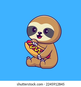 Cute Sloth Holding Hotdog Cartoon Vector Icons Illustration. Flat Cartoon Concept. Suitable for any creative project.