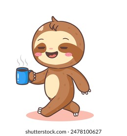 Cute Sloth Holding A Mug Of Coffee Cartoon Character. Adorable and Kawaii Animal Concept Design. Icon Mascot Vector Illustration