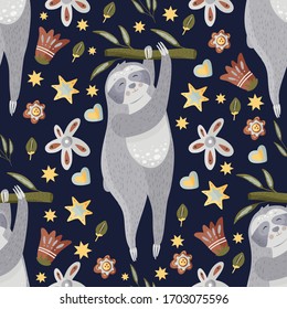 Cute sloth holding on to a branch. cartoon vector seamless pattern in a flat style. Slow lazy animal nature kid print on a dark background.