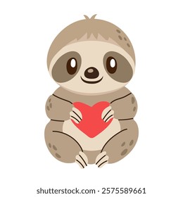 Cute sloth holding a red heart with a friendly smile on a white background. Adorable animal illustration perfect for Valentine's Day, cards, prints, and childrens designs.