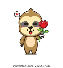 cute sloth holding rose flower cartoon vector illustration.