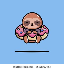 Cute sloth hug big doughnut cartoon