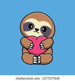 Cute Sloth Hug Heart Love Cartoon Vector Icon Illustration. Animal Holiday Icon Concept Isolated Premium Vector.
