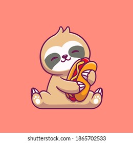 Cute Sloth Hug Hotdog Cartoon Vector Icon Illustration. Animal Food Icon Concept Isolated Premium Vector. Flat Cartoon Style