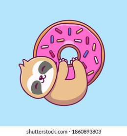 Cute Sloth Hugging Big Doughnut. Cartoon Vector Icon Illustration. Animal Food Icon Concept, Isolated Premium Vector. Flat Cartoon Style