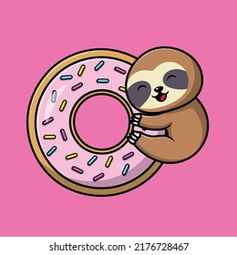 Cute Sloth Hugging Big Doughnut Cartoon Vector Icon Illustration. Animal Food Icon Concept Isolated Premium Vector