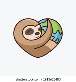 Cute Sloth Hugging Earth. Cartoon Vector Icon Illustration. Animal Icon Concept on White Background