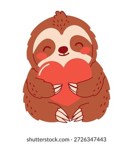Lindo perezoso abrazando un corazón. Ilustración vectorial plana en colores cálidos, perfecta para el día de San Valentín, temas de amor, tarjetas de felicitación, diseños para niños, pegatinas e ilustraciones románticas.