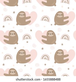 Cute sloth hugging heart with rainbow seamless background repeating pattern, wallpaper background, cute seamless pattern background