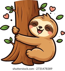Cute Sloth Hugging Tree Illustration