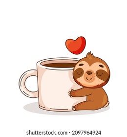 Cute sloth hugs a giant cup of coffee. Monday morning. Coffee lover. Postcard in children's cartoon style. Vector illustration for designs, prints and patterns. Vector illustration