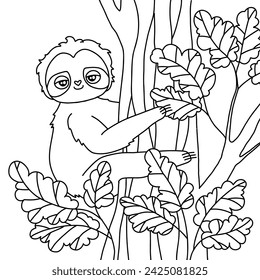 Cute sloth hugs a tree.  Ready to print black and white outline vector illustration. Colouring page for kids.