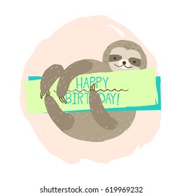 Cute sloth icon. Birthday greeting card elements on white background with text and frame.Vector template illustration in cartoon style for print design of children's banners, cards, posters, booklets.