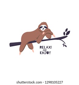 Cute sloth illustration in cartoon style with lettering for t-shirt design