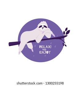 Cute sloth illustration in cartoon style with lettering for fabric design