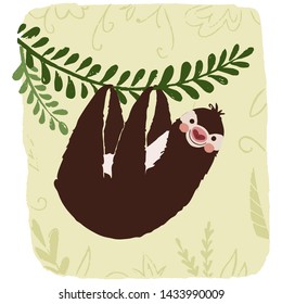 Cute sloth illustration. Cartoon vector illustration. Vector print.