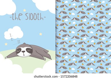 Cute sloth illustration and seamless pattern in the sky blue backdrop 