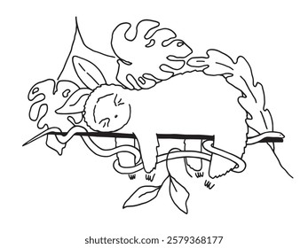 A cute sloth illustration shows it sleeping on a tree branch surrounded by large, stylized monstera leaves and snake around. Tropical animals vector illustration