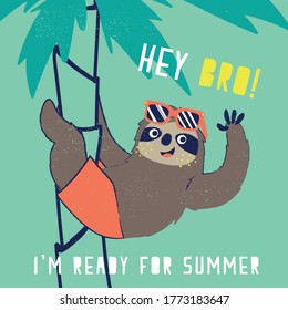 cute sloth illustration as vector for tee print