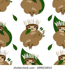 Cute sloth with indian elements in boho style. Seamless pattern for baby textiles, prints, party invitation cards in scandinavian style. Vector illustration isolated on white background