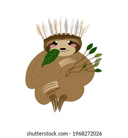 Cute sloth with indian elements in boho style. Baby animal for textiles, prints, party invitation cards, posters in scandinavian style. Vector illustration isolated on white background