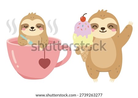 Cute Sloth Inside Giant Tea Cup and Holding Ice Cream Cone, Sweet Sloth Character for Dessert and Tea Time, Kawaii Animal Mascot for Food and Treats Illustration