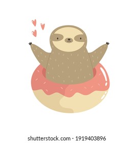 Cute sloth jumping of a sweet donut. Vector illustration of a funny animal