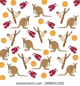 cute sloth, kangaroo with berries, oranges as a pattern background