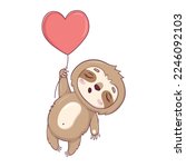 Cute sloth Kawaii character sleeping and flying in a heart-shaped balloon for Valentine's DayCute sloth Kawaii character sleeping and flying in a heart-shaped balloon for Valentine's Day