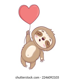 Caracter kawaii perezoso durmiendo y volando en un globo en forma de corazón para el personaje de San Valentín DayCute sloth Kawaii durmiendo y volando en un globo en forma de corazón para el Día de San Valentín