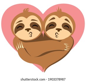 cute sloth kisses illustration. Valentine's day and love vector