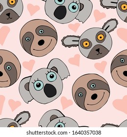  Cute sloth, koala, lemur with heart seamless pattern. Creative texture for fabric, wrapping, textile, wallpaper, apparel. Vector hand drawn illustration
