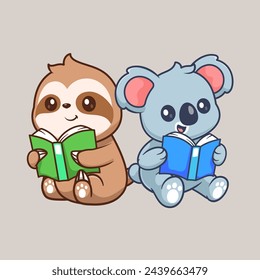 Cute Sloth And Koala Reading Book Cartoon Vector Icon Illustration. Animal Education Icon Concept Isolated Premium Vector. Flat Cartoon Style