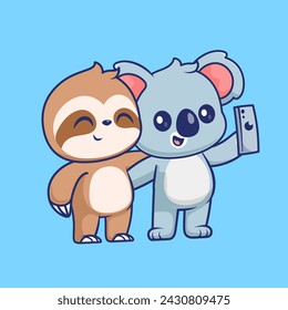 Cute Sloth And Koala Selfie With Phone Cartoon Vector Icon Illustration. Animal Technology Icon Concept Isolated Premium Vector. Flat Cartoon Style