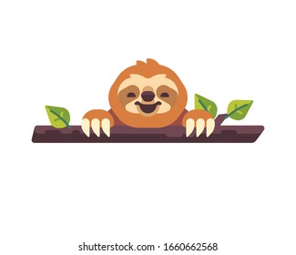 Cute sloth laughing on a tree branch flat illustration