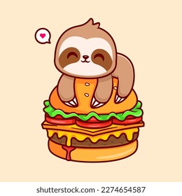 Cute Sloth Lay On Burger Cartoon Vector Icon Illustration. Animal Food Icon Concept Isolated Premium Vector. Flat Cartoon Style