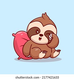 Cute Sloth Lay On Pillow Cartoon Vector Icon Illustration. Animal Nature Icon Concept Isolated Premium Vector. Flat Cartoon Style