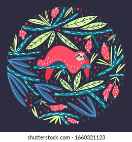 Cute sloth laying on branch leaves and fruits composition. Vector template for cover, print and other users