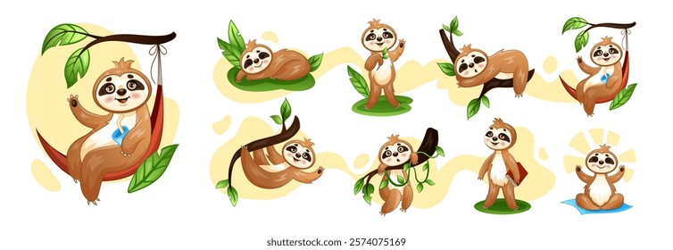 Cute sloth. Lazy animal lying in hammock on tree branch. Forest characters relax with cocktails. Cartoon mascot for kids book about tropical jungle. Yoga meditation. Happy children tidy zoo vector set