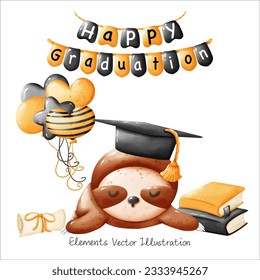 Cute Sloth Lazy Graduation Books ,Cap ,Balloons heart and Star Yellow Black Watercolor Vector File , Clipart cartoon style For banner, poster, card, t shirt, sticker
