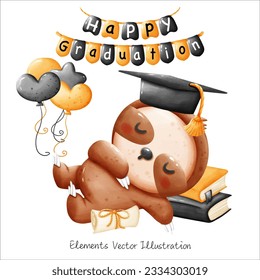 Cute Sloth Lazy Graduation Books ,Cap ,Balloons heart and Star Yellow Black Watercolor Vector File , Clipart cartoon style For banner, poster, card, t shirt, sticker
