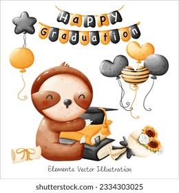 Cute Sloth Lazy Graduation Books ,Cap Sunflower Bouquet, Balloons heart and Star Yellow Black Watercolor Vector File , Clipart cartoon style For banner, poster, card, t shirt, sticker