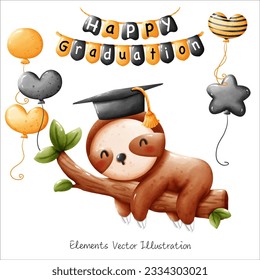 Cute Sloth Lazy Graduation Cap ,Balloons heart and Star Yellow Black Watercolor Vector File , Clipart cartoon style For banner, poster, card, t shirt, sticker
