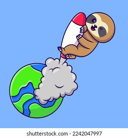Cute Sloth Left Earth With Rocket Cartoon Vector Icons Illustration. Flat Cartoon Concept. Suitable for any creative project.
