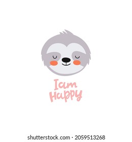 Cute sloth and lettering I'm happy! Children's vector illustration. It is suitable for designing children's clothes, postcards, posters, interior decor, stickers for a diary and a diary.