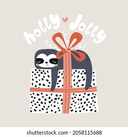 Cute sloth lies on a Christmas present. Holly Jolly winter saying. Vector holiday illustration