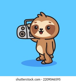 Cute sloth lifting boombox mascot vector illustration